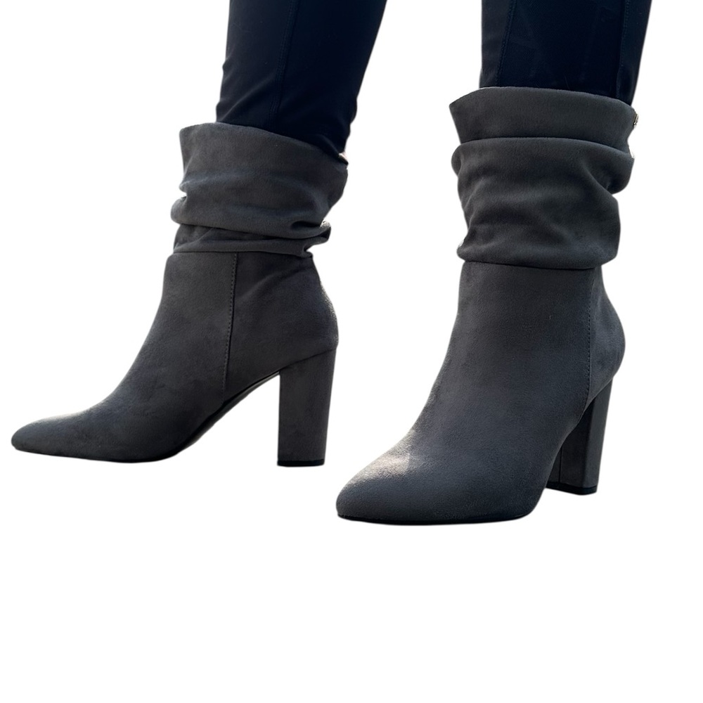 BeBE Charcoal  Gray Suede Heeled Boots- like  NEW - worn once-Size 8